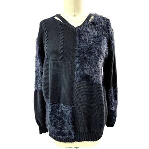 Funn J Black Knit Patchwork Tunic Sweater w/ Faux Fur Ribbed Trim Sz L
